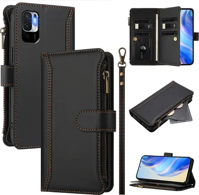Image de Etui pour Xiaomi Poco M3 Pro/Redmi Note 10 5G, zippé, étui portefeuille en cuirPolyuréthaneavec poches pour cartes, support et dragonne noir