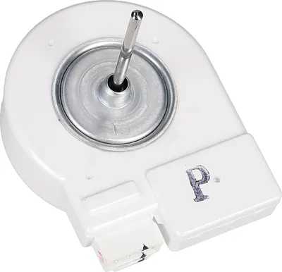 A close-up studio shot of a white fan motor with a silver shaft.