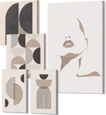 Produktbild von Wandbilder Leinwand 5-teilig – – Polycanvas Kunstdruck – Moderne Bilder für Wohnzimmer & Schlafzimmer – Aufhängefertig – 2x 30x30 cm + 2x 20x30 cm + 1x 40x60 cm – Stilvolle minimalistische Porträts und geometrische Muster