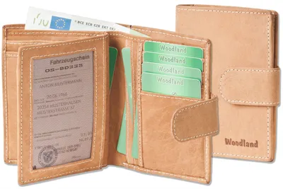 Zdjęcie produktu dla Woodland® – nowoczesny, uniwersalny portfel z dużym zapięciem zewnętrznym, wykonany z miękkiej, naturalnej skóry bawolej w kolorze koniakowym
