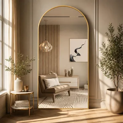 Image de Miroir mural complet, dimensions 180x80 cm, miroir sur pied avec design incurvé, cadre en aluminium doré