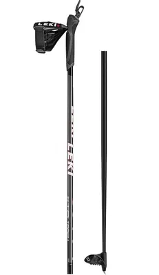 A pair of black ski poles with white and red branding.