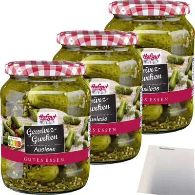 Produktbild von Hofgut Gewuerzgurken 3er Pack (3x720ml Glas) + usy Block