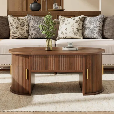 Image de Table basse réglable en hauteur avec espace de rangement – 100 × 50 × 40,5 cm, table de salon avec étagères ouvertes, compartiment dissimulé et portes coulissantes, idéale pour un ordinateur portable et le télétravail, aspect noyer