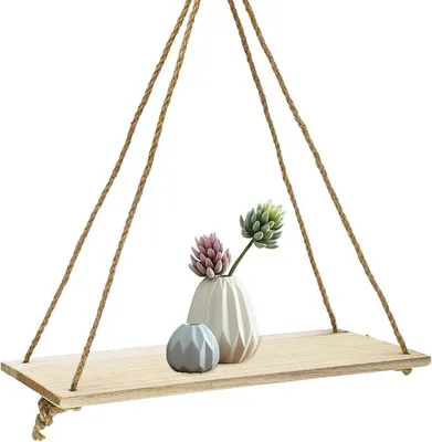 Produktbild von PolkaHome® Schwebende Wandregal aus Holz mit Hanfseil, 35x4x1 cm, Hängeregal ohne Bohren, Rustikales Wandboard für Bad, Küche,