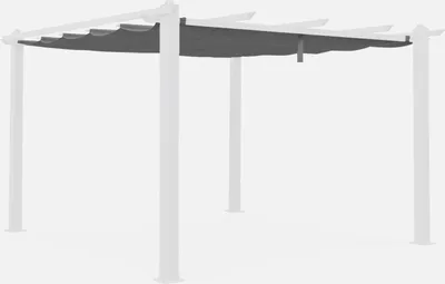 A white pergola frame with a gray fabric canopy.