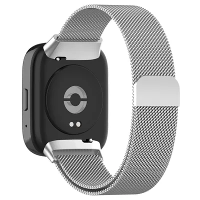 The back of a smartwatch with a Milanese loop band.