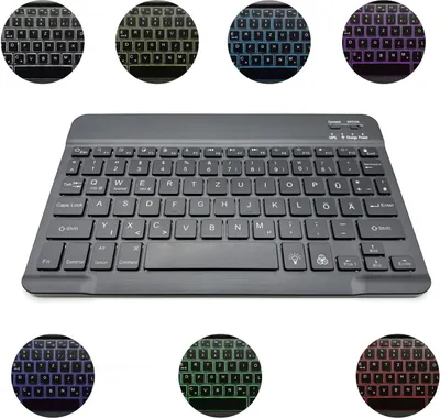A collage of a Bluetooth keyboard with different backlighting colors and a close-up of the keyboard.