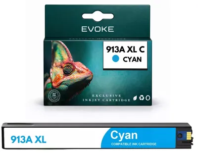 Image de Cartouches compatibles avec l'imprimante HP 913A F6T77AE, couleur cyan, capacité de 55 ml, compatibles avec les modèles PageWide 352dw, 377dw, P55250dw, P57750dw et 477dw, Image générée par une IA