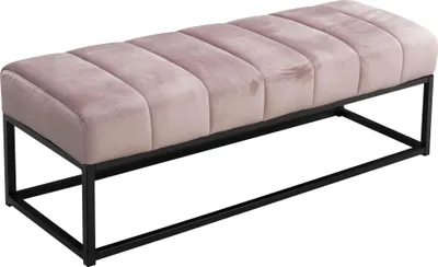 Sitzbank Samt Rosa mit gesteppter Polsterung und schwarzem Metallgestell, Gesamtansicht von schräg oben.