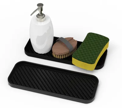 Image de Porte-éponge en silicone pour l'évier, tapis d'égouttage pour éponges, liquide vaisselle, savon, brosses, etc. (2 x noir)