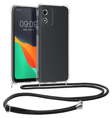 Produktbild von kwmobile Necklace Case kompatibel mit Motorola Moto E13 Hülle - Silikon Cover mit Handykette - Band Handyhülle Schwarz Transparent