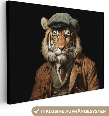 Produktbild von MuchoWow® - Leinwandbilder - Tiger - Porträt - Schwarz - Tier - Braun, Wandbild, Wanddeko Bilder Wohnzimmer, 40x30 cm