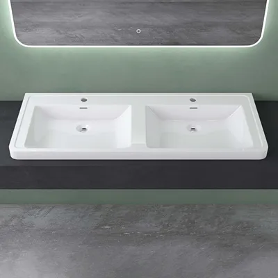 Produktbild von Mai & Mai Waschbecken 120 cm Rechteckige Waschschale Einbauwaschbecken aus Mineralguss Weiß glänzend mit Überlauf und Armaturloch Colossum08