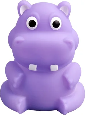 A purple toy hippo with white teeth and black eyes sits facing forward against a white background.