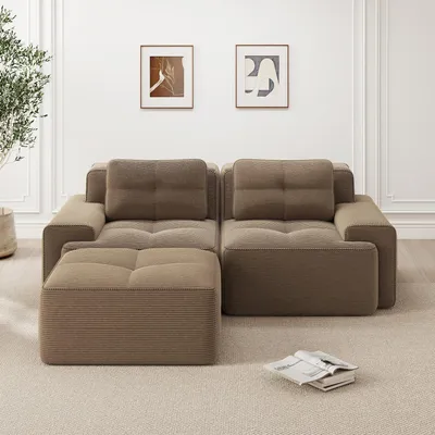Produktbild von STILVORA Modulares L-förmiges Sofa mit tiefem Sitz und Boneless-Design, Corduroy-Cloud-Sofa mit Ottoman und weicher Polsterung, getuftetes Zweisitzer-Schlafsofa für Wohnzimmer