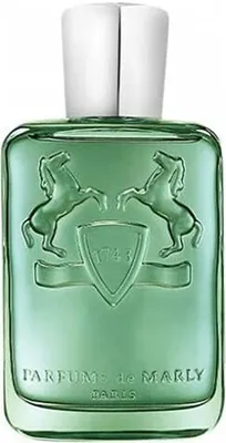 A green glass perfume bottle with a silver cap, featuring embossed horses and a shield emblem.