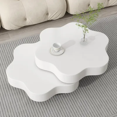 Produktbild von STILVORA 74.8×67.5×31cm Blumenform-Couchtisch Drehbarer Wohnzimmertisch mit Ablage,Sofatisch Cremeweiß Beistelltisch aus MDF,belastbar bis 30 kg