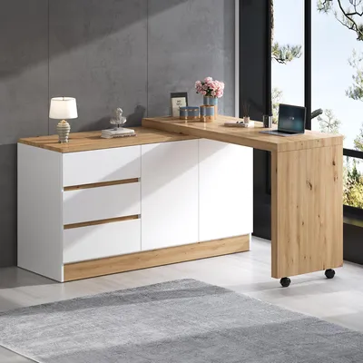 Produktbild von okwish modern Schreibtisch mit drehbare Tischplatte und 3 Schubladen, Sideboard mit feststellbaren Rollen, Kommode in Weiß
