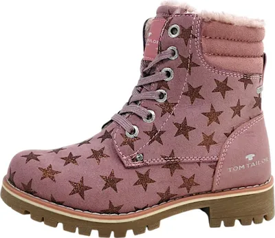 A single pink boot with star patterns on a white background.