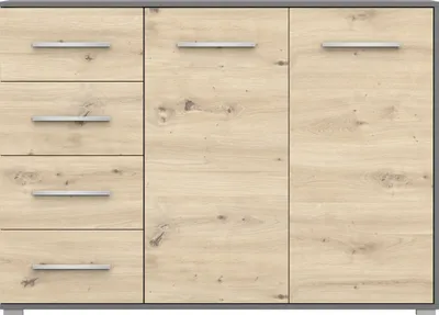 A front view of a wooden sideboard with drawers and doors.
