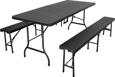 Produktbild von Bierzeltgarnitur 3-teilig klappbar | 1x Buffettisch & 2x Bierbank | Breite 180cm | mit Tragegriffe | für 8 Personen | Kunststoff wetterfest | Holz Optik, Schwarz | Bierzeltgarnitur 3-teilig Gartenmöbel-Set Gartengarnitur Camping