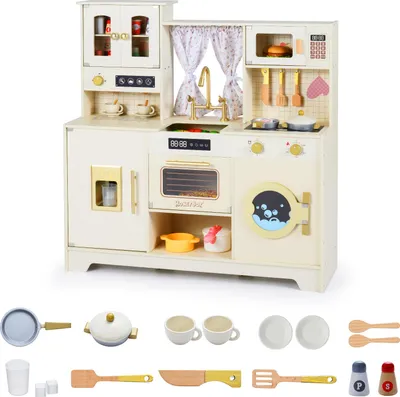 Produktbild von COSTWAY Kinderküche Holz, Spielküche mit 14 Zubehörteilen, Herd, Wasserhahn, Spüle Ofen, Kaffeemaschine, Mikrowelle& Schrank, Spielzeugküche für Kinder 3+