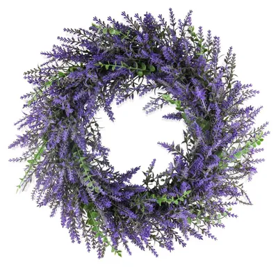 Produktbild von Künstlicher Lavendelkranz Türkranz Dekokranz - 53 cm - Eukalyptus und Lavendelblüten - UV-beständig - Faltbar - Für Haustür, Veranda und Fenster