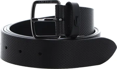 A black leather belt with a silver buckle and perforated details.
