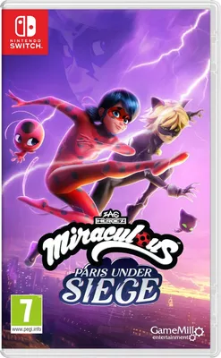 The image shows the game box for 'Miraculous: Paris Under Siege' for Nintendo Switch. It features characters from the show in action poses against a stormy, lightning-filled sky over Paris.