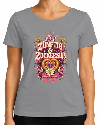 Zdjęcie produktu dla Zünftig & Zuckersüß: Strój ludowy na festiwal, koszulka z motywem tradycyjnym, spodnie skórzane, damski T-shirt, szary, rozmiar 3XL