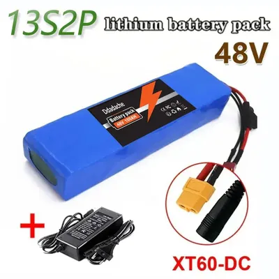 Obrázek produktu pro Akumulátor pro elektrokolo – Li-Ion 48 V, 100 Ah, 13S2P – výstup XT60 – DC nabíjecí konektor – včetně nabíječky 54,6 V – pro motory 250–1000 W – 238 × 48 × 68 mm