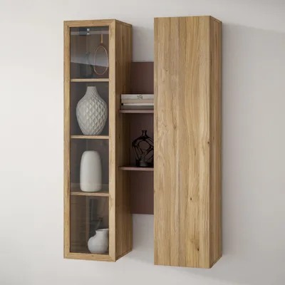Produktbild von Forte BREATHTAKER Hängevitrine 80 90, moderner Skandi-Stil, 2-türig, beleuchtet, offene Ablage, Wandmontage, Terrakotta/Mauvella Eiche Holzdekor, 84,2 cm breit x 134,6 cm hoch x 33,9 cm tief