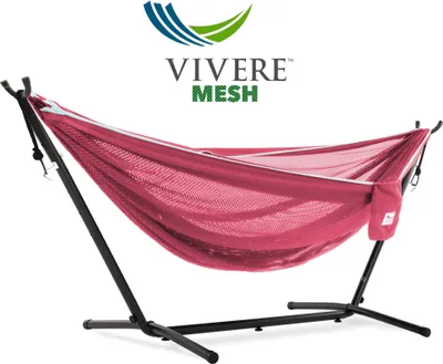 Produktbild von VIVERE Hängematte aus Polyester Mesh mit Gestell 280 cm – 180 kg Belastung - Rosa/Himmelblau
