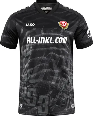 A black football jersey with a graphic pattern and sponsor logos.