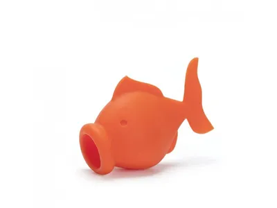 A single orange fish-shaped egg separator is shown against a white background.