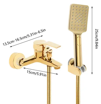 Produktbild von Badewannen Duscharmatur - 2-in-1 Wannenauslauf & Handbrause - Messing - 3 Strahlarten - Heiß/Kalt Zweigriffmischer - Verstellbarer Lochabstand 13,5–16,5 cm - Gold