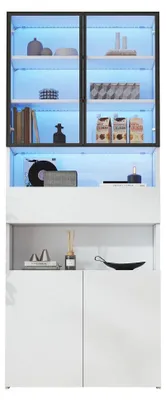 Produktbild von Vitrinenschrank - Bücherregal - 70 x 30 x 200 cm - Glastüren - LED-Beleuchtung - Schubladen und Fächer - Offene Ablage