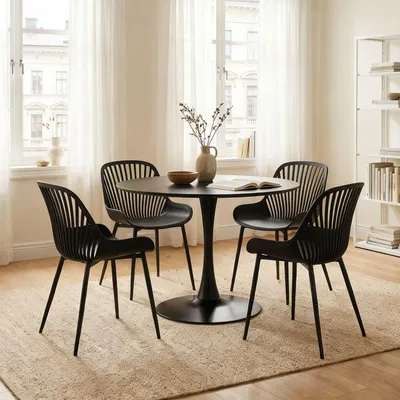 Produktbild von Essgruppe LOIRE/VERDE mit Tisch und 4 Stühlen, Schwarz - Esstisch rund 100 cm mit robustem Tulpenfuß, Esszimmermöbel Set, ideal für kleine Küchen [max. Belastbarkeit 150 kg]