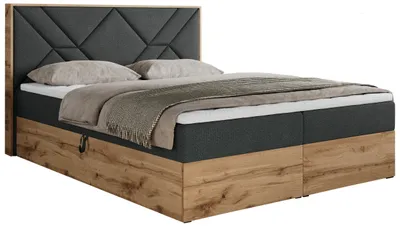 Produktbild von Boxspringbett 200x200 mit Bettkasten, Polsterbett 200x200 mit Matratze H3, Boxspringbett 200x200 mit Kopfteil, Boxspringbett mit Massivholz - Gunar - Dunkelgrau Struktur - H3