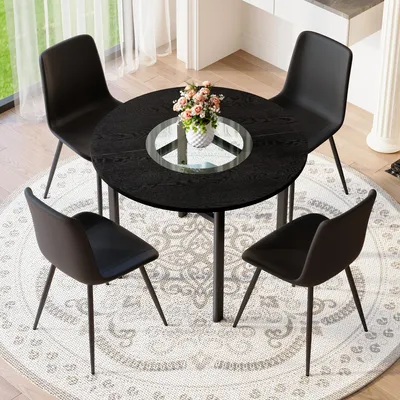 Produktbild von Tisch-Stuhl-Set, runder Esstisch + 4 schwarze PolyurethanStühle, schwarz-braune Beine, minimalistisch