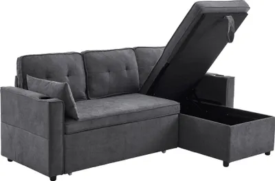 Produktbild von Ecksofa mit Bettfunktion, Stauraum, Zier- und Rückenkissen, L-Form, Leinen, Wohnzimmersofa