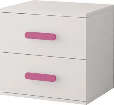 A white nightstand with two pink drawers.