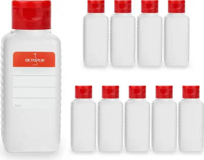 Image de 10 flacons plastiques carrés 100 ml en HDPE, naturel, G25, fermeture à charnière rabattable en PP rouge