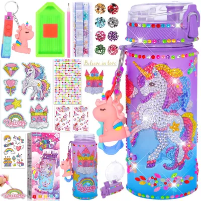 Imagen del producto de Botella de agua con diseño de unicornio, 400 ml, ideal para niñas de 4 a 11 años, personalizable con adornos de pedrería