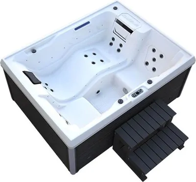 Produktbild von HOME DELUXE - Outdoor Whirlpool - STREAM PLUS Treppe und Thermoabdeckung - Maße: 211 x 157 x 75 cm - Inkl. Heizung, 24 Massagedüsen und 4 äußeren Lichtquellen I Außen Whirlpool Spa für 3 Personen