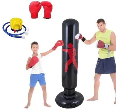 Produktbild von Famanu Standboxsack für Kinder 160 cm - Aufblasbarer Trainingsboxsack mit Luftpumpe und Boxhandschuhen