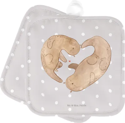 Produktbild von Mr. & Mrs. Panda Topfuntersetzer Otter Herz - Grau Pastell - Geschenk, Topflappen, 2er Set, Große Liebe, Topflappenset, Seeotter, topfhalter