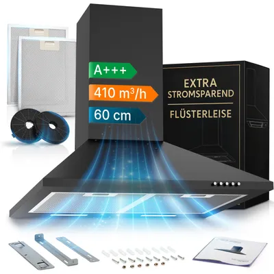 A collage showing a black range hood with its accessories and packaging.