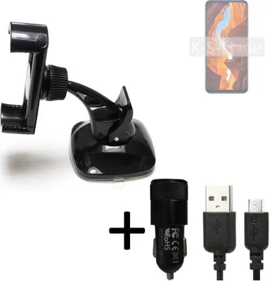 Produktbild von K-S-Trade Halterung kompatibel mit Wiko 10 Windschutzscheibe / Armaturenbrett + LADEGERÄT mit Mico USB Kabel Autohalterung KFZ Halter